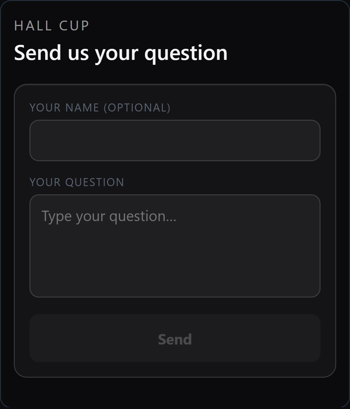 The viewer's page on a phone: the production name, the heading Send us your question, a box for a name, a box for the question, and a Send button.