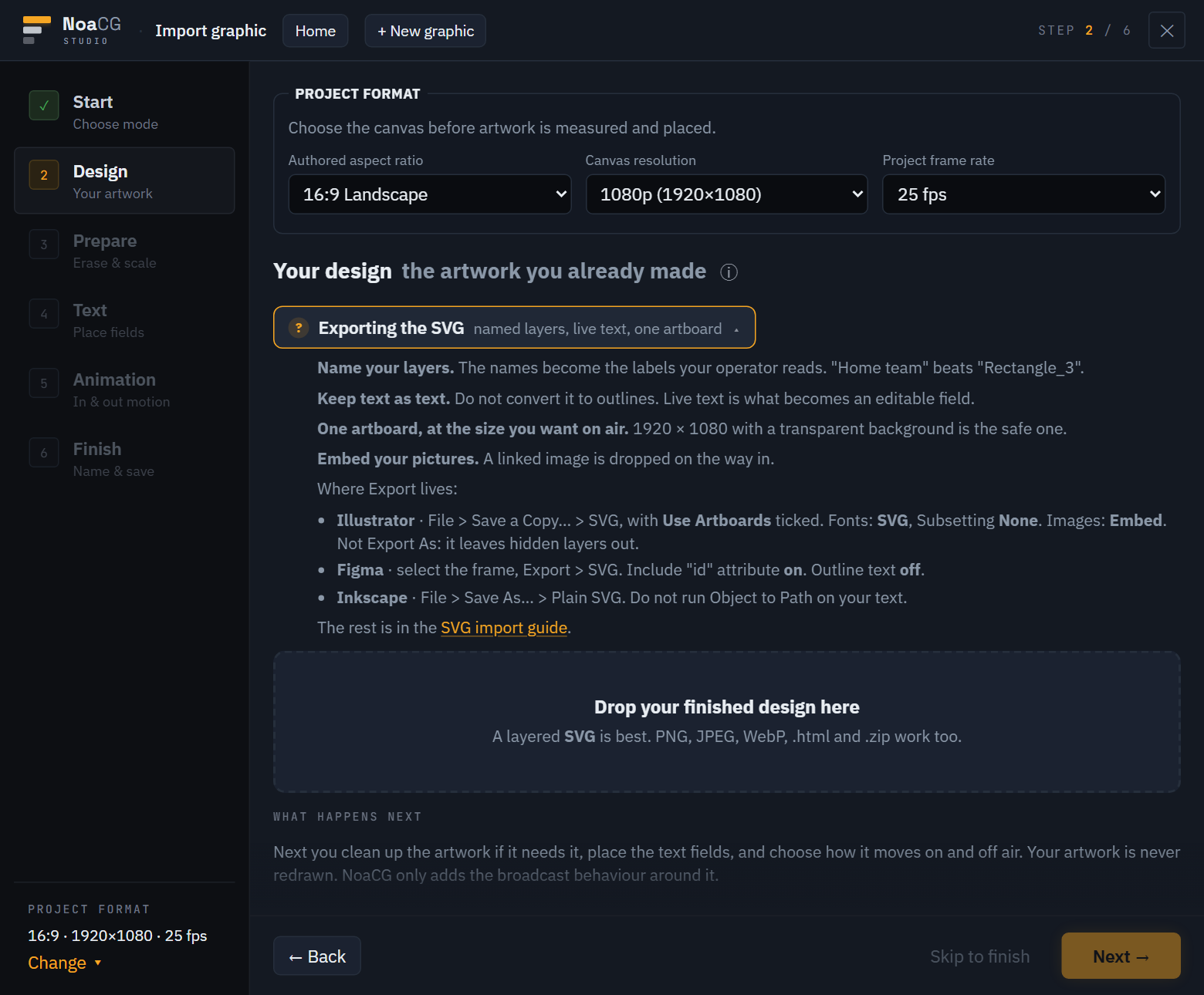 The Import graphic step, with the drop zone and the export settings open beneath it.