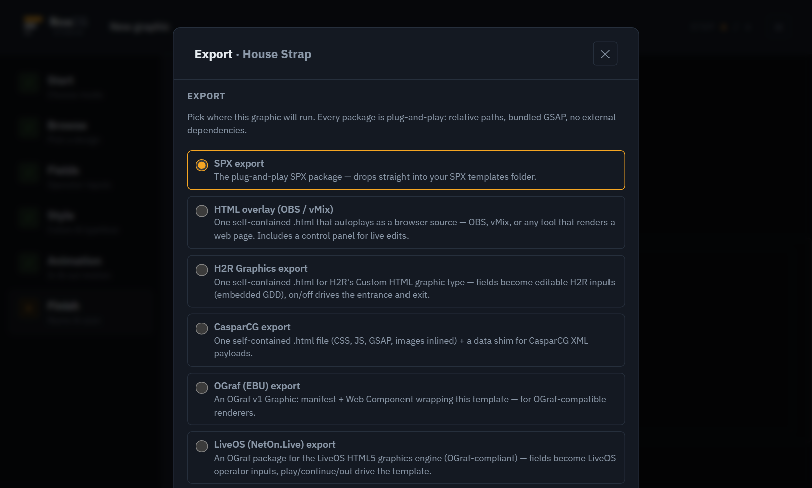 The export dialog listing packages for SPX, OBS and vMix overlays, H2R, CasparCG, OGraf and LiveOS