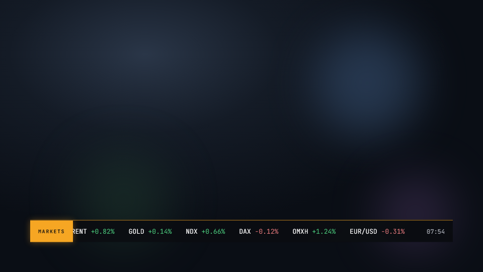A markets ticker strip with green and red percentage changes and a live clock