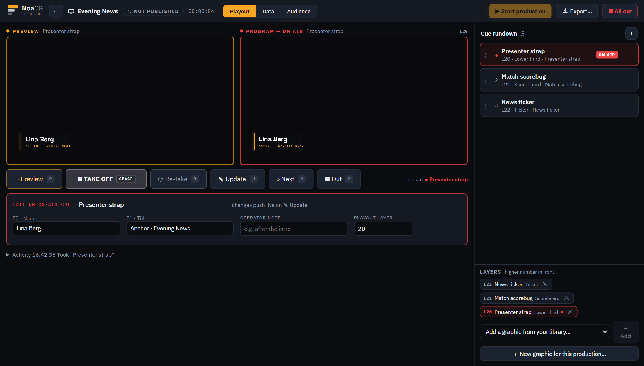 The playout dashboard: preview and program monitors, verb bar, cue rundown and layer stack