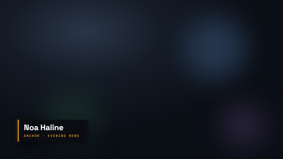 A lower third graphic: name and title on a dark panel with an amber accent bar