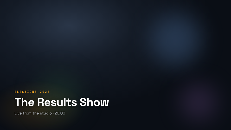 A full-frame show title card: The Results Show, with an amber kicker line