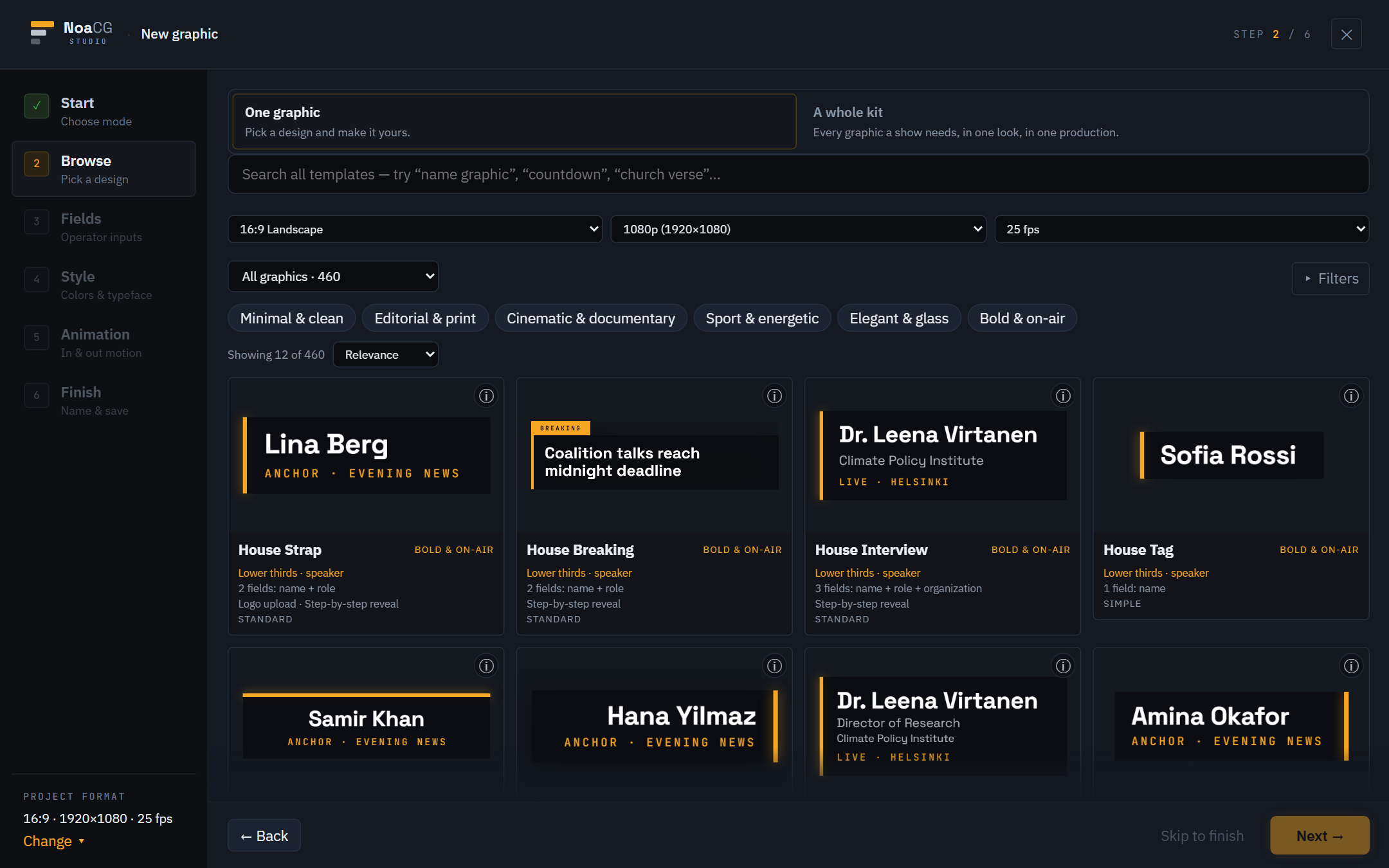 The template storefront: a grid of live broadcast-graphic previews with search and filters