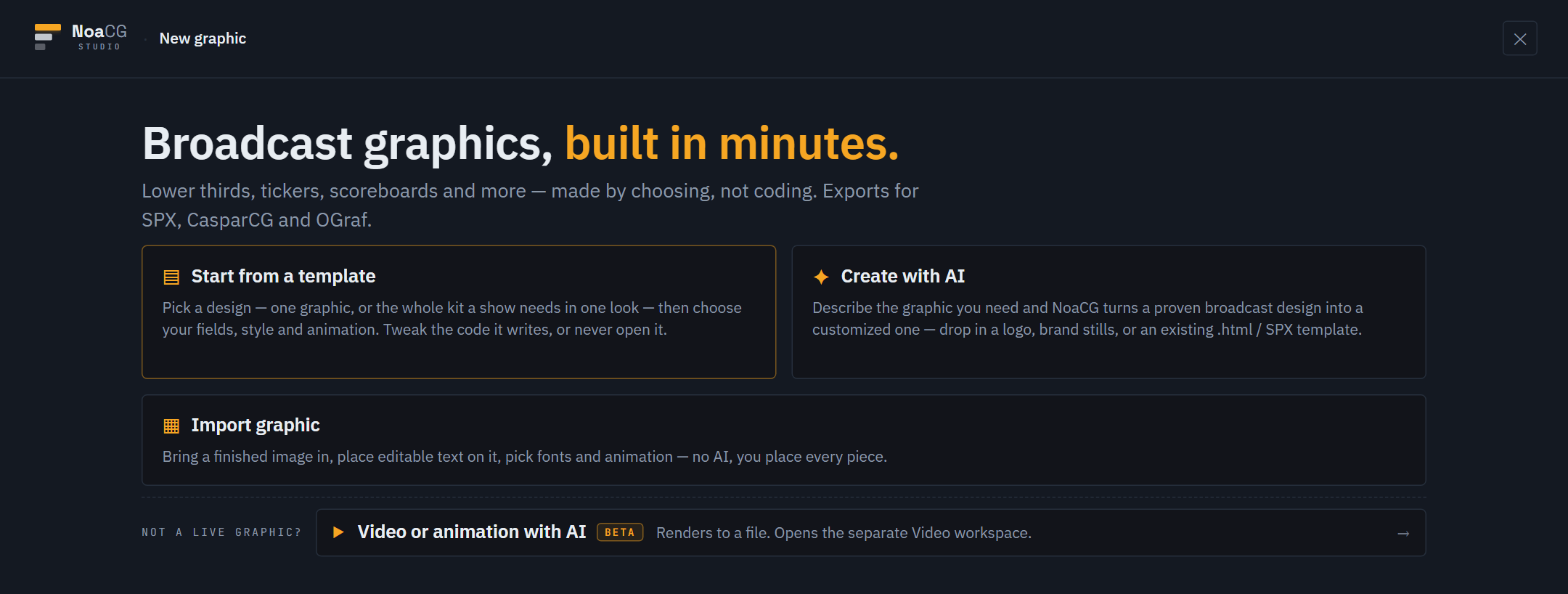 The creation wizard's entry screen with template, AI, import and video options