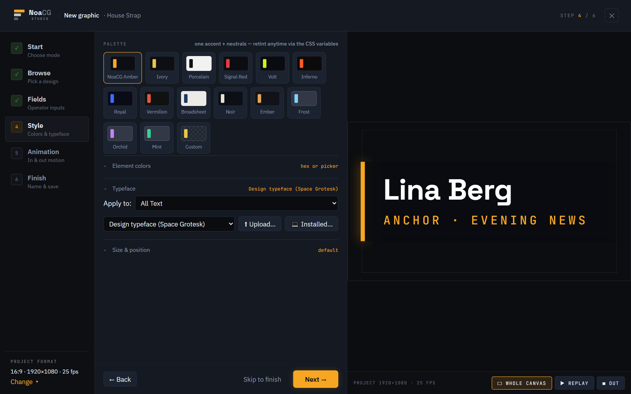 The Style step: palettes and typeface controls beside the live lower third