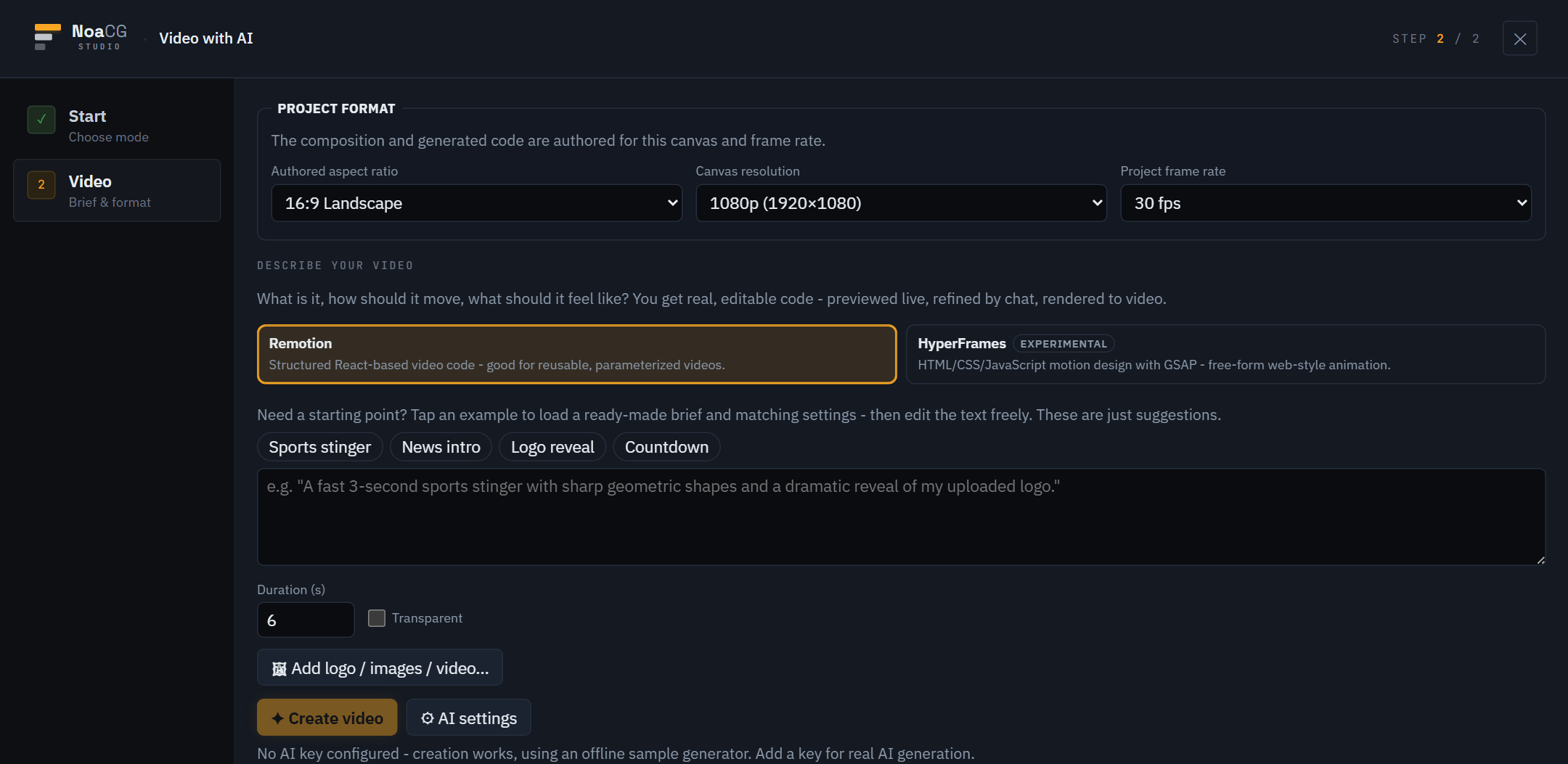 The video step: a brief box, an engine picker with Remotion and HyperFrames, duration and transparency